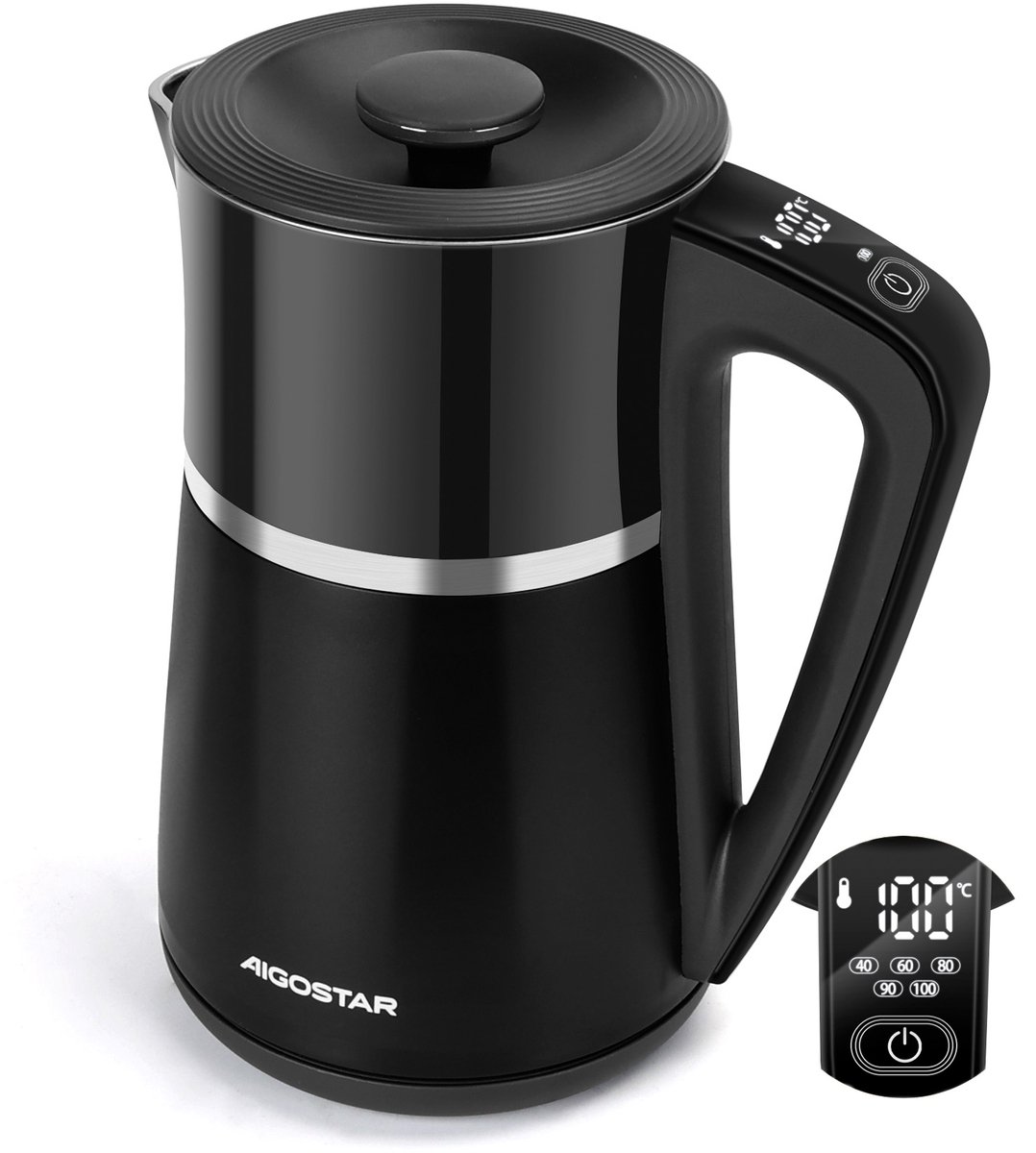 Aigostar Alva - Waterkoker - Met Temperatuurregeling - Warmhoudfunctie - Dubbelwandig - Cool-touch - 17L - 2200W - Zwart