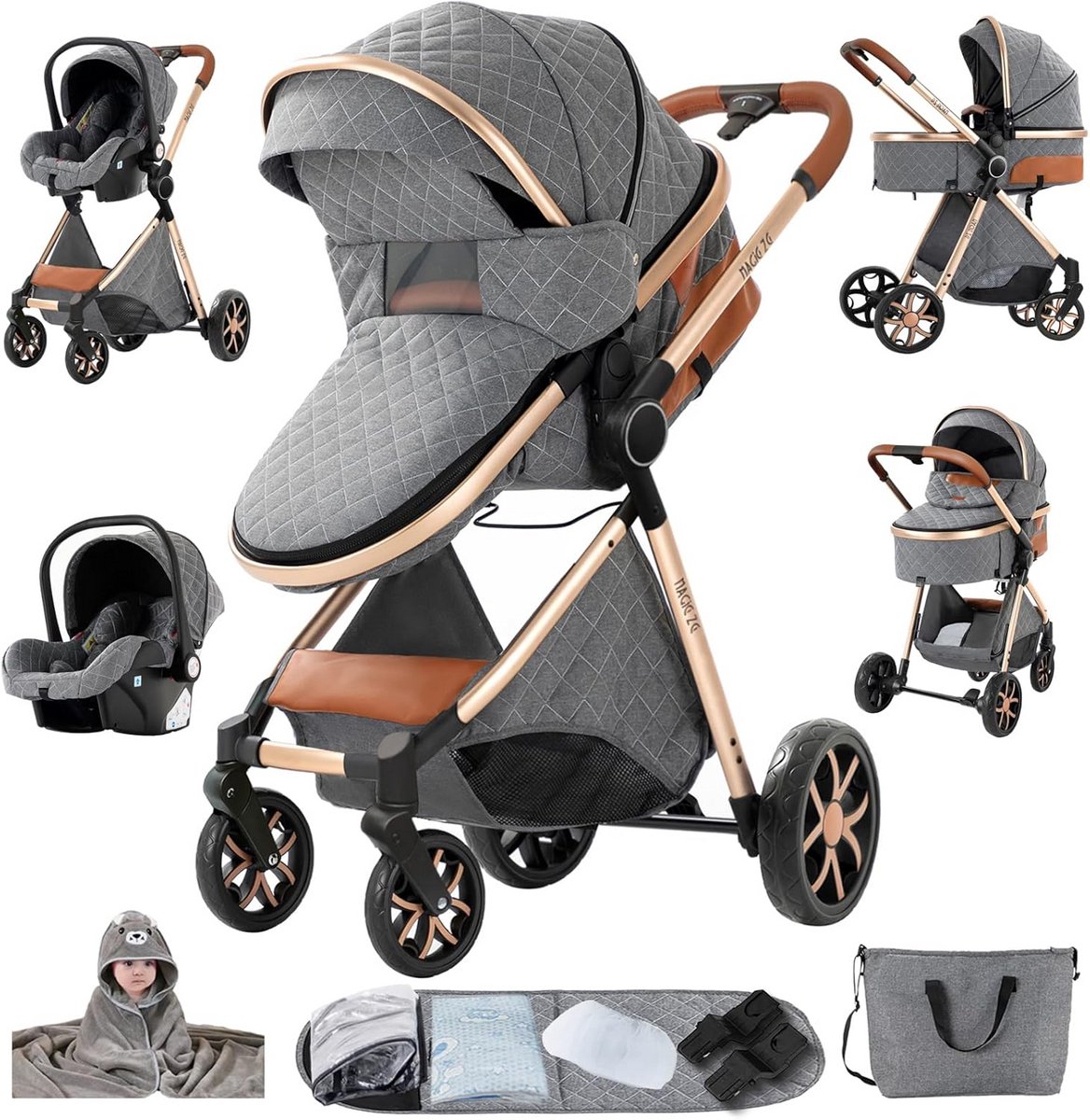 3-in-1 Kinderwagen voor Pasgeborenen met Omkeerbare Duwstang en Verstelbare Kap