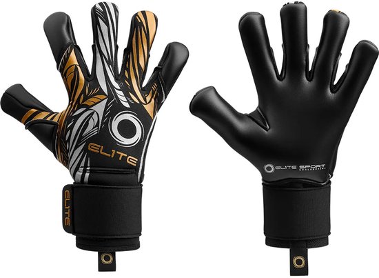 Zwarte keepershandschoenen van Elite Sport met gouden en witte abstracte patronen op de vingers en handpalm. Verstelbare zwarte polsband met 'ELITE' logo.