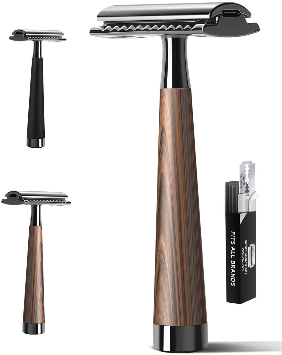 Dubbelzijdige scheermesjes: premium metal enkelzijdige scheermesjes voor mannen en vrouwen - minimalistisch hout-grip - met vijf afneembare scheermesjes hout-print