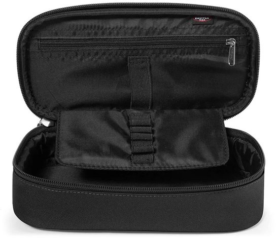 Zwart etui open met ritsvak, elastische lussen en open vak.