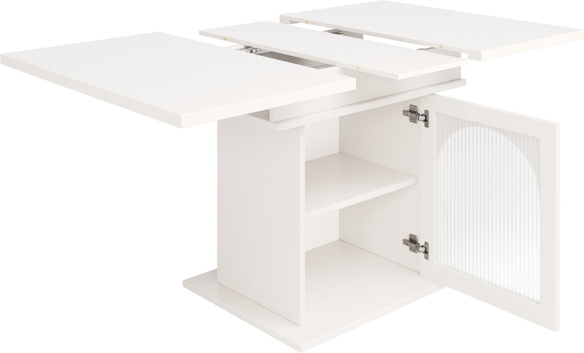 N Home - Uitklapbare Eettafel (110-140 cm) - Met 3 Opbergniveaus - Witte Regenboogglazen Deuren - Voor Keuken & Woonkamer