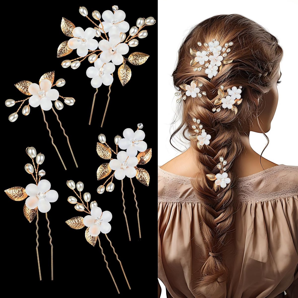 Bloemblad Haarspelden voor Bruiden - 5 Stuks Kristal Accessoires voor Bruiloft en Feest