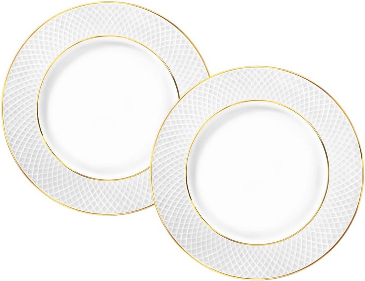 Elegante Dessertborden met Gouden Motief - Set van 2 - Ø 20 cm - Vaatwasmachinebestendig Wit Porselein