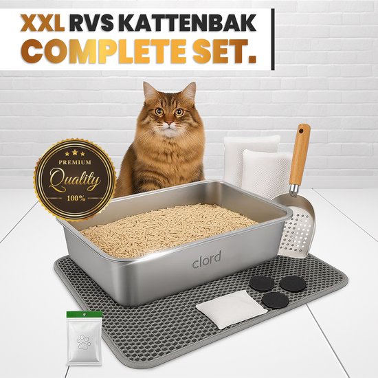 Bac à litière XXL en acier inoxydable - Groot taille 60 x 40 x 15 cm - Sans odeur et anti-éclaboussures - Pour petits et grands Chats