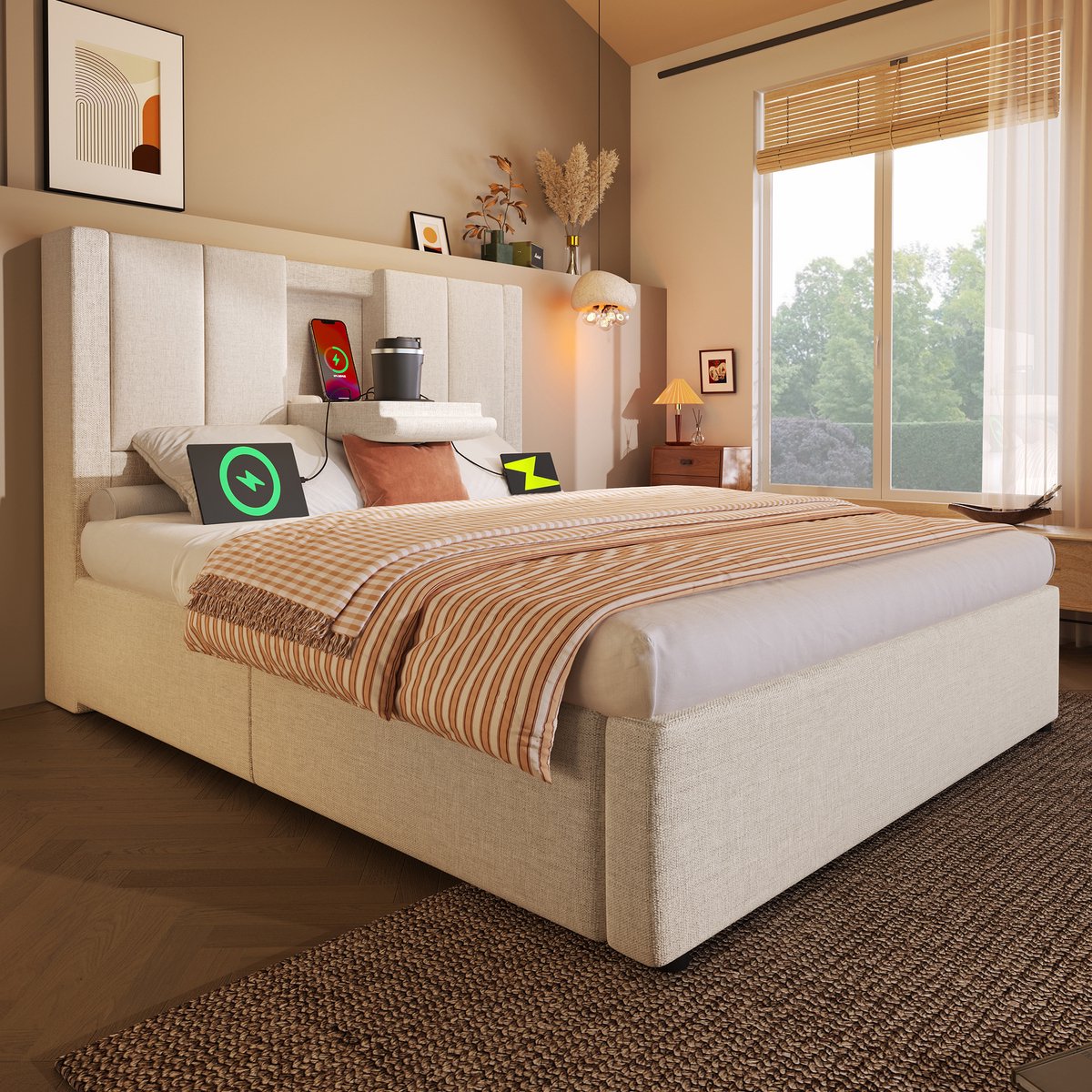 Merax 90x200 cm gestoffeerd bed - eenpersoonsbed - met verborgen bekerhouder en oplaadstation - met opbergruimte - beige - zonder matras