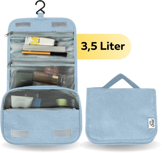 Lichtblauwe toilettas, 3,5 liter, met ophanghaak en gevuld met toiletartikelen. Naast de geopende tas, een gesloten tas.