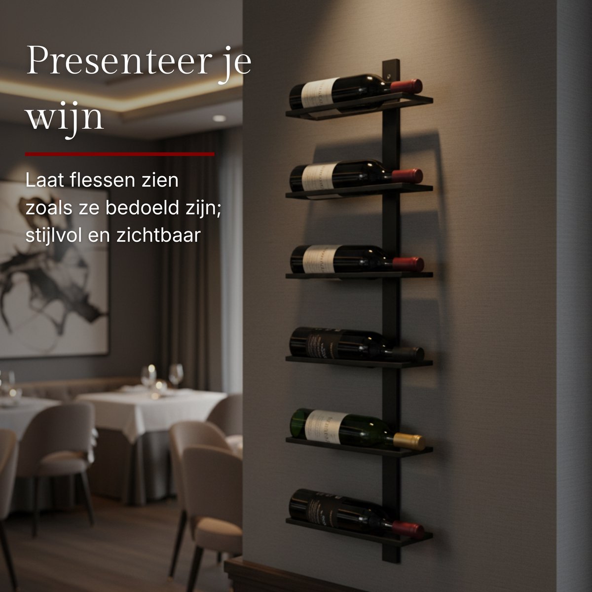 Mémoire® Réserve Wandwijnrek voor 7 Flessen – Luxe Wijnrek voor Aan de Muur – Stijlvolle Wijnopslag van Metaal – Verticale Wijnpresentatie – Ruimtebesparend Design – Perfect voor Woonkamer, Keuken en Wijnliefhebbers — cadeau in Wonen & Interieur - foto 8