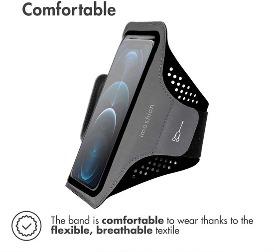 Grijze sportarmband met geperforeerd detail en een telefoonaanpassing. De tekst 'Comfortable' staat bovenaan.