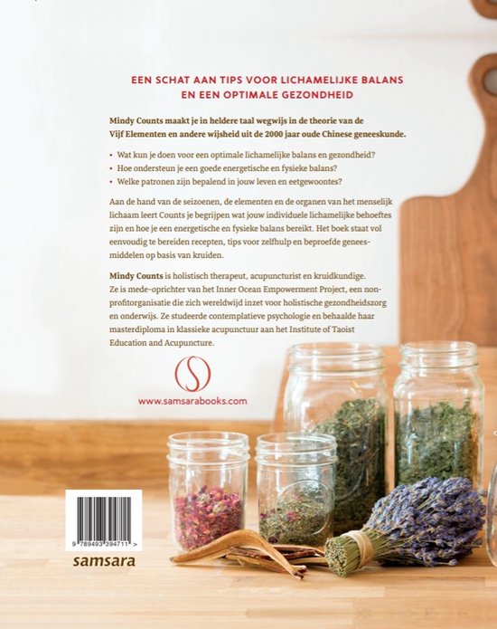 Boekrug met de titel 'Een schat aan tips voor lichamelijke balans en een optimale gezondheid'. Achtergrond met glazen potjes met gedroogde kruiden en lavendel.