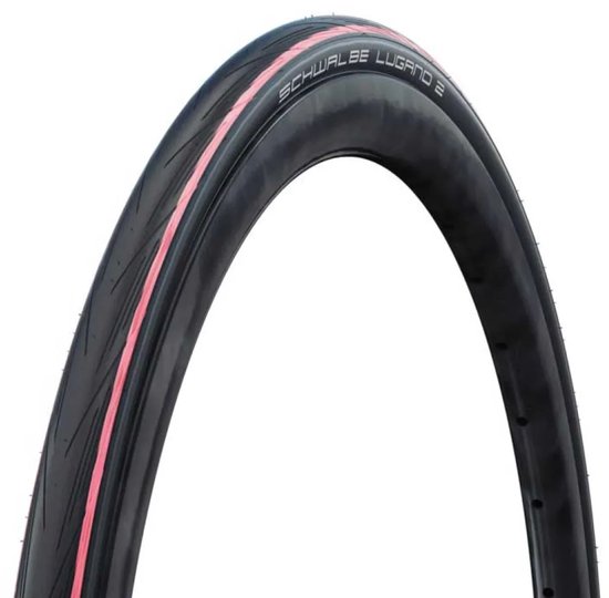 Zwarte Schwalbe Lugano 2 fietsband met roze rode strepen.