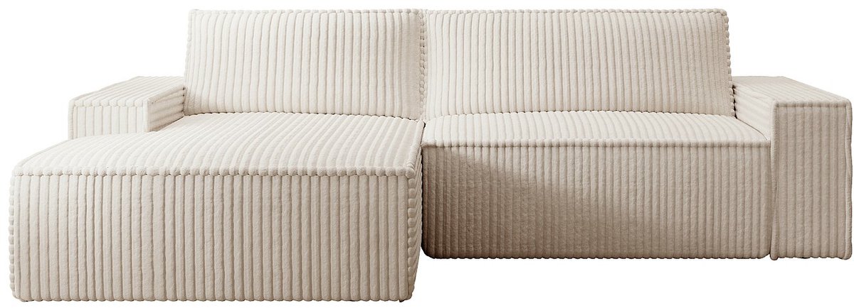 Vente-unique Hoekslaapbank met linkerhoek van beige ribfluweel met brede ribbels AMELIA