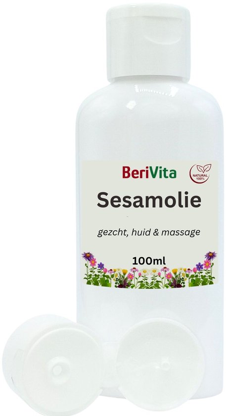 Berivita sesamolie in witte fles met dop, label met bloemen en tekst "Sesamolie, gezicht, huid & massage".