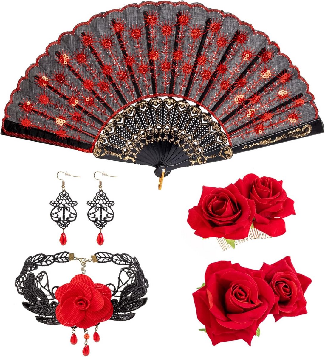 Rozenbloem Haarclip en Vouwen Fan Set - Elegante Haaraccessoires voor Dames