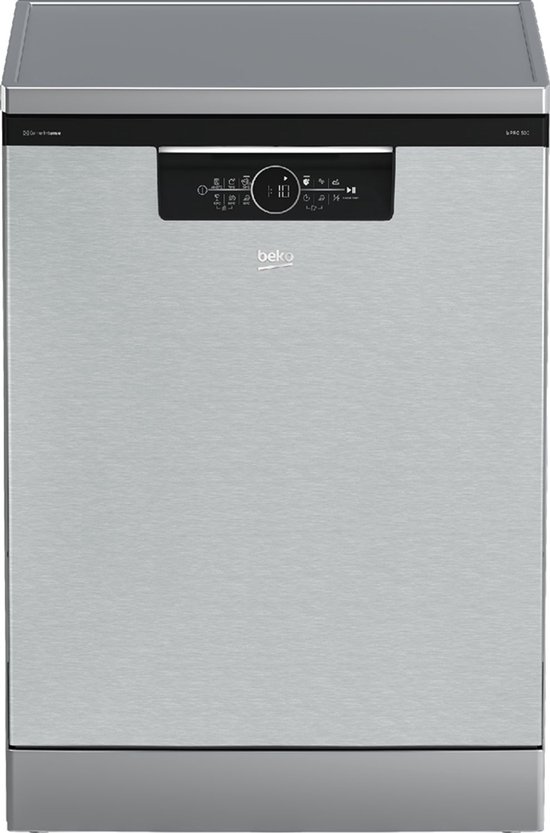 Zilverkleurige Beko vaatwasser met digitaal display.