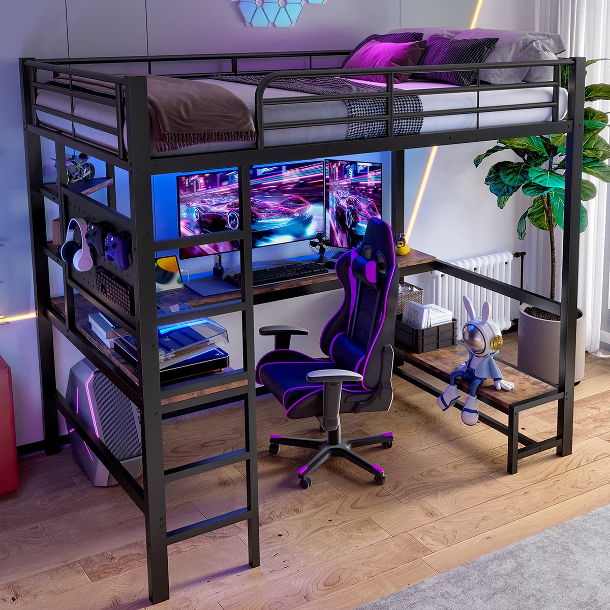 OKWISH Hoogslaper 90x200 cm - LED en USB-C - met Bureau, Opbergruimte en Veilig Reling met Trap - Metaal/MDF - Zwart - Zonder matras