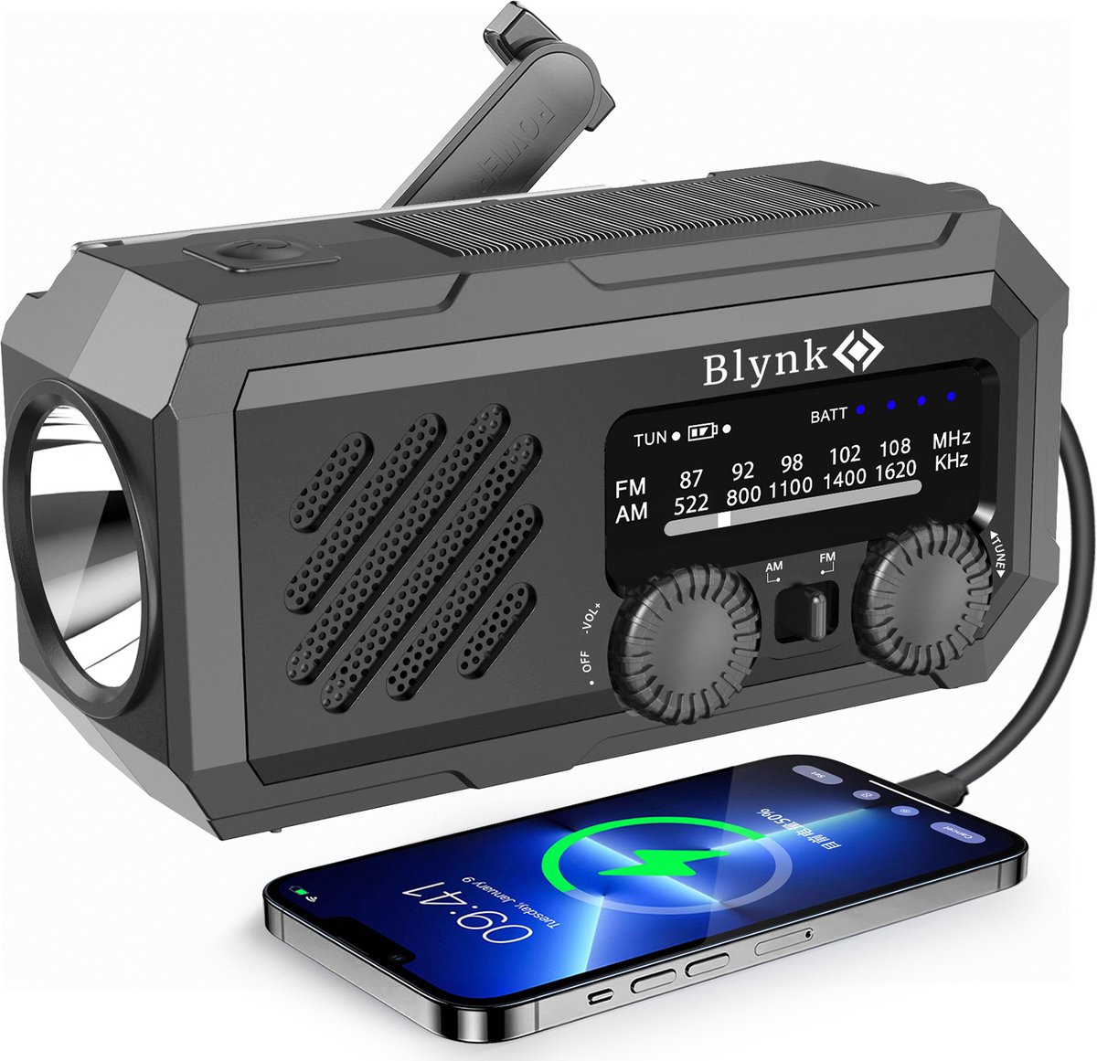 Blynk Solar Noodradio met Powerbank 2.000 mAh – Opwindbaar & USB – AM/FM Radio – Zaklamp & SOS – Noodpakket voor Kamperen & Stroomuitval – Zwart