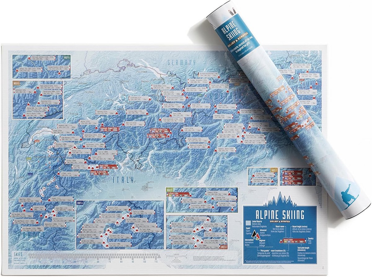 Scratch Off Alpine Ski Resorts Print - Maps International - poster cadeau voor skiën/snowboarden liefhebbers - Alpen Peaks - Gift Tube - A2 formaat 59,4 (h) x 42 (b) cm