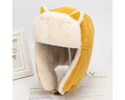 Kindermuts met oorstuk Bescherm de oren Russische pilotenhoed Fluwelen dikke thermische muts Outdoor skihoed Hoofdbedekking Winddicht voor meisjes en jongens, L 55-58cm, geel