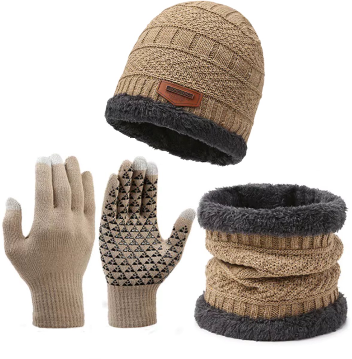 Winterset - Gebreide Beanie Muts, Col-Sjaal & Touchscreen Handschoenen - Wol Gevoerd - Warme Baggy Skimuts - Winter Muts, Nekwarmer en Touchscreen Handschoenen Set voor Heren & Dames - Ideaal voor Skiën & Outdoor - Kaki