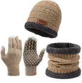 Winterset - Gebreide Beanie Muts, Col-Sjaal & Touchscreen Handschoenen - Wol Gevoerd - Warme Baggy Skimuts - Winter Muts, Nekwarmer en Touchscreen Handschoenen Set voor Heren & Dames - Ideaal voor Skiën & Outdoor - Kaki