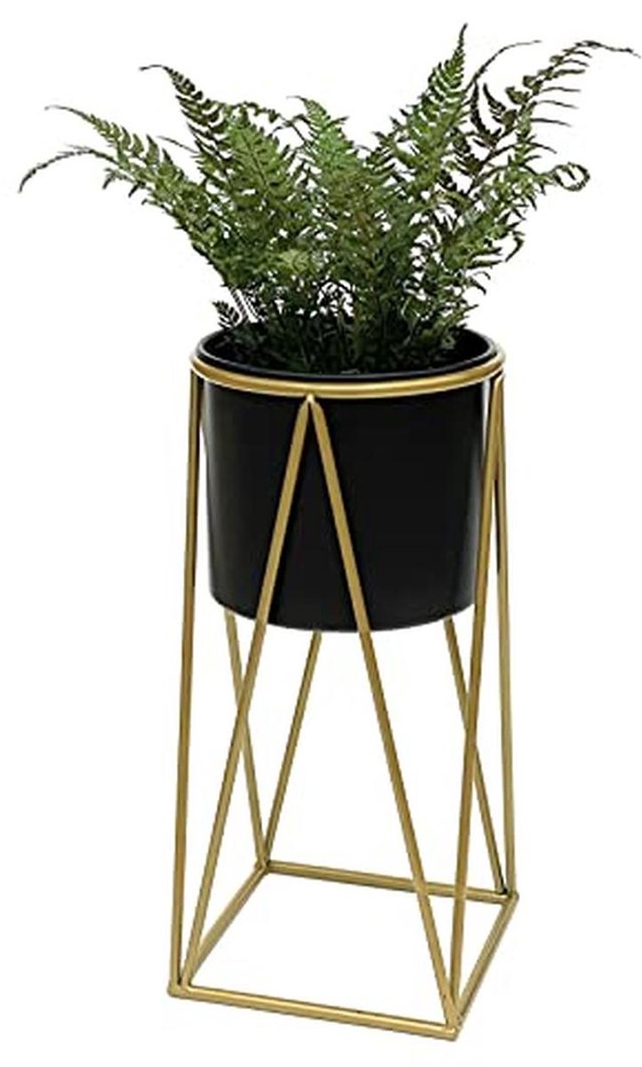 Moderne bloemenstandaard met pot - 47 cm hoogte - Goud en zwart metaal