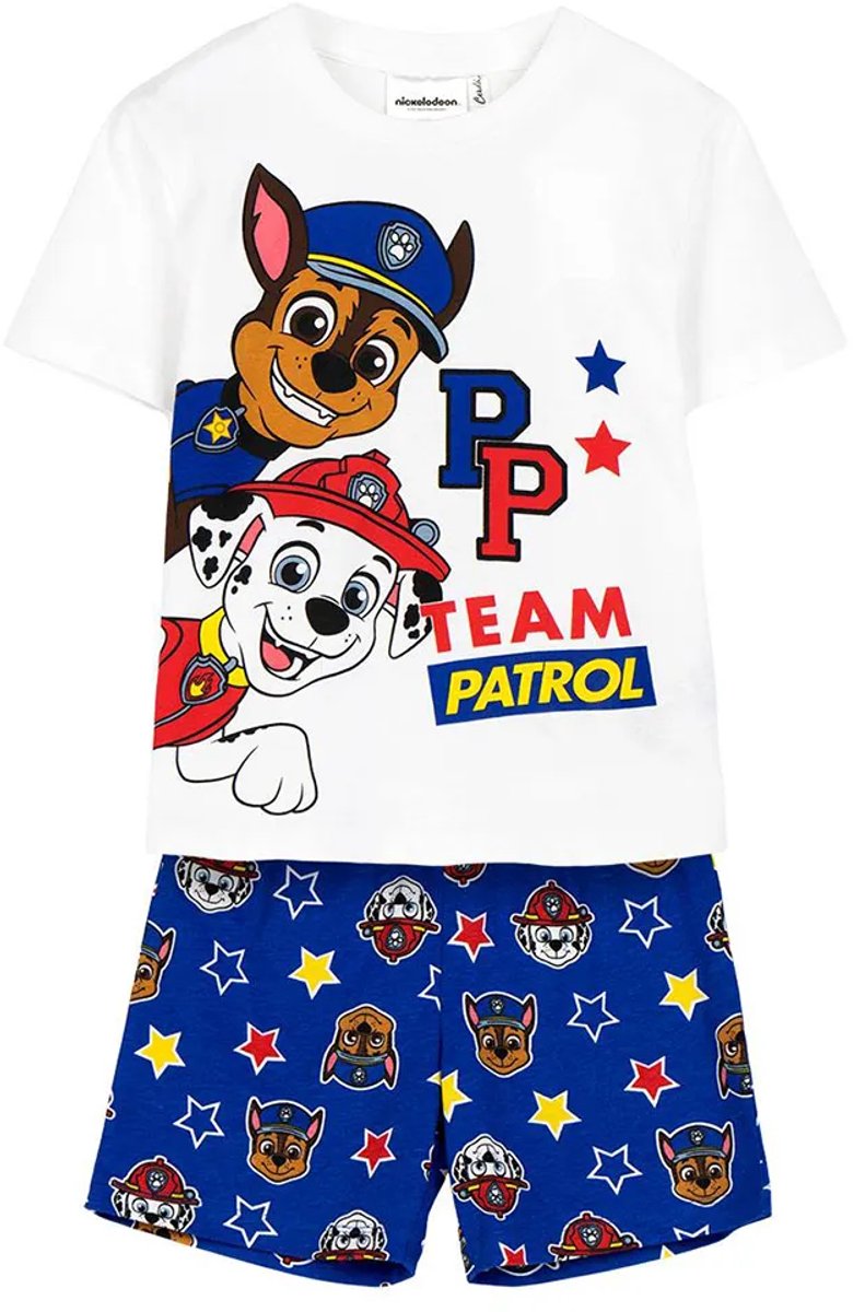 Paw Patrol Shortama Jongens - T-Shirt en Korte Broek - Wit Blauw - Officieel Gelicenseerd