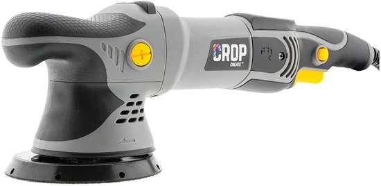 Grijze CROP Apex X15 excentrische polijstmachine met zwarte en gele accenten, 125mm pad.