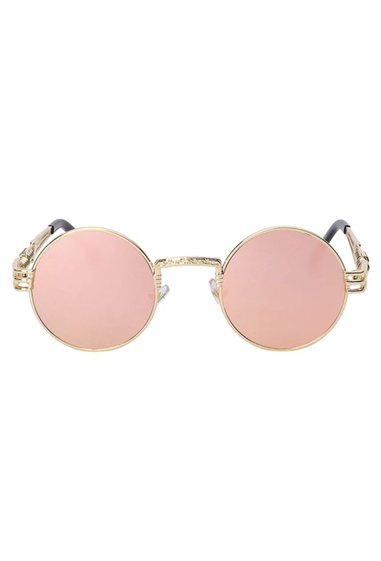 KIMU Ronde Zonnebril Steampunk Heren - Goud Montuur Rond - Rosé Spiegelglazen - Vintage Retro Roségoud Gouden Lichtroze Hippie Roze Hipster Brilletje Festival van Merkloos — afbeelding 5