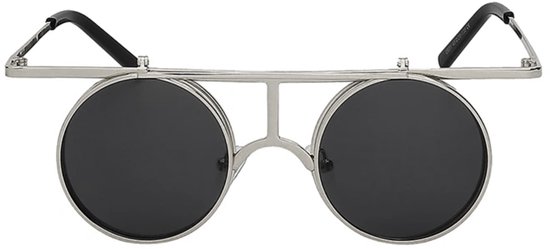 KIMU® Ronde Zonnebril Steampunk Flip Up - Zilver Montuur Rond - Zwarte Glazen - Zilveren Vintage Retro Opklapbaar Festival van KIMU — afbeelding 3