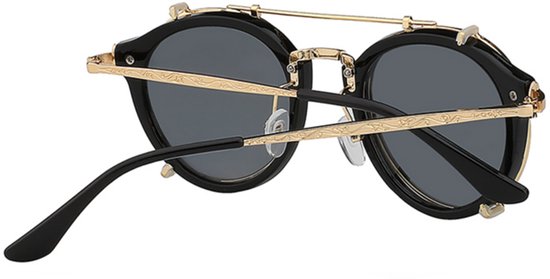KIMU Ronde Zonnebril Clip On Steampunk - Zwart Goud Montuur Rond - Zwarte Glazen - Vintage Gouden Clipon Voorzet Carnaval van Merkloos — afbeelding 3