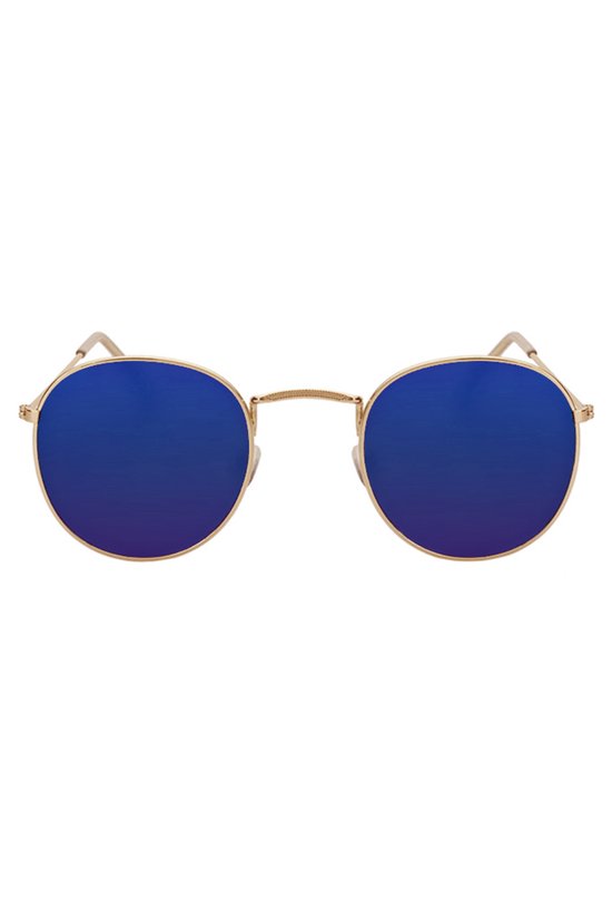 KIMU® Ronde Zonnebril Round Metal - Goud Montuur Rond - Blauwe Spiegelglazen - Retro Blauw Gouden Vintage Brilletje Halloween — afbeelding 3