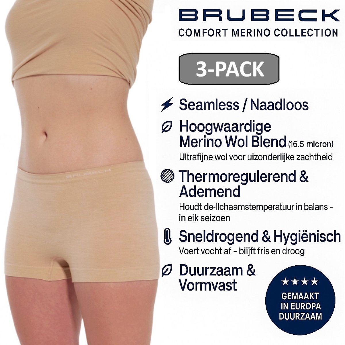 Brubeck Dames Boxershort – Merino Wol Blend Naadloos Ondergoed – 3 PACK - Beige – Maat L