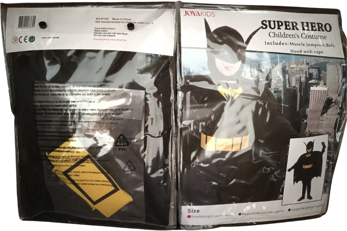Joya Kids® Superheld Verkleedpak Kind Vleermuis | Carnavalskleding | Zwart Spierpak met Cape & Masker | Superhelden Verkleedkleding Carnaval Jongens | Inclusief Gele Riem | Verkleedkleren Kinderen Bat | Maat 120 - 130 | 6-8 Jaar | Medium — afbeelding 3