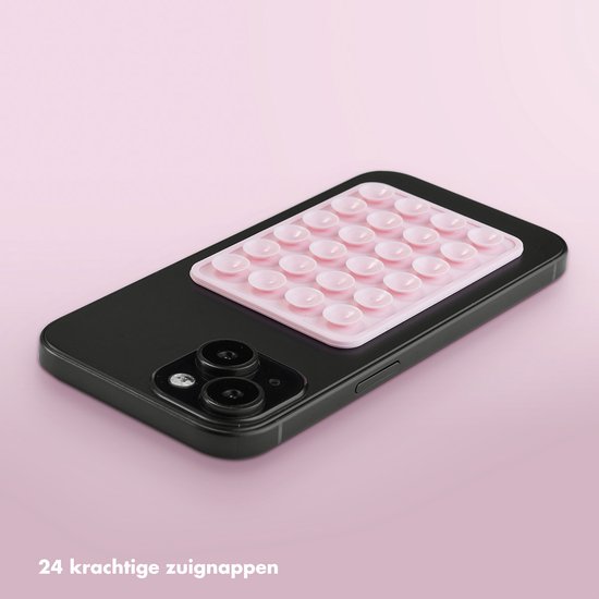 Zwarte telefoon met een roze zuignaptelefoonsticker op de achterkant, met tekst '24 krachtige zuignappen'.