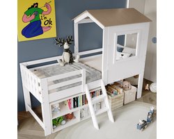 OKWISH Kinderbed 90x200cm - Halfhoog Huisbed Met Dak En Raam - Met Trap En Opbergruimte Onder Het Bed - Met Vierzijdige Leuning - Hout - Wit+Naturel - Zonder matras