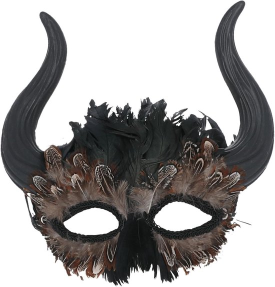 Gevederd Venetiaans Gehoornd Oogmasker - Duivel Kostuum Accessoire