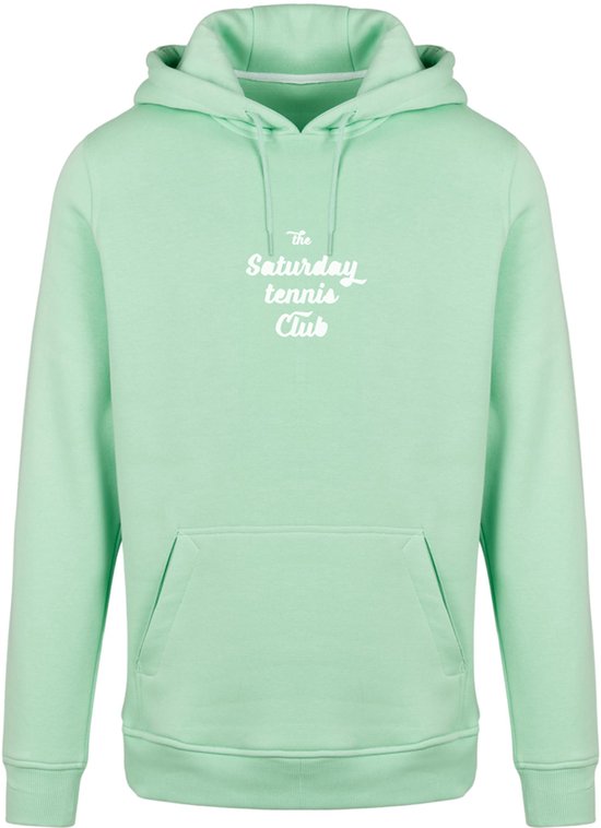 Lichtgroene hoodie met capuchon, met het "The Saturday Tennis Club" logo op de borst.