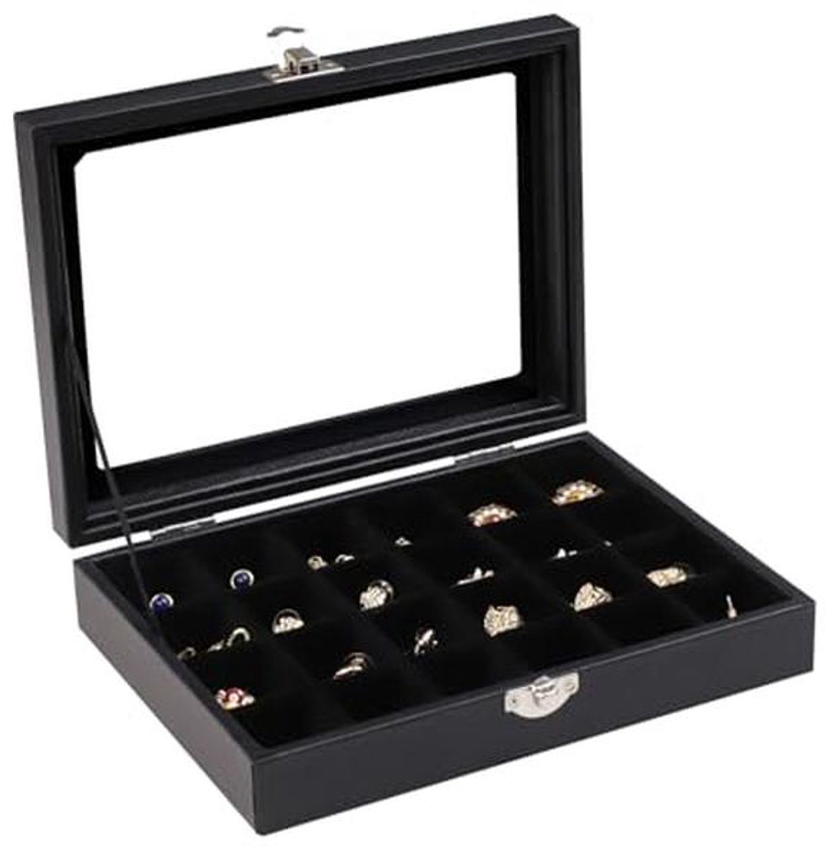 Sieraden Organizer met Glazen Deksel en Fluwelen Inzet - 24 Grid Sieraden Doos voor Vrouwen