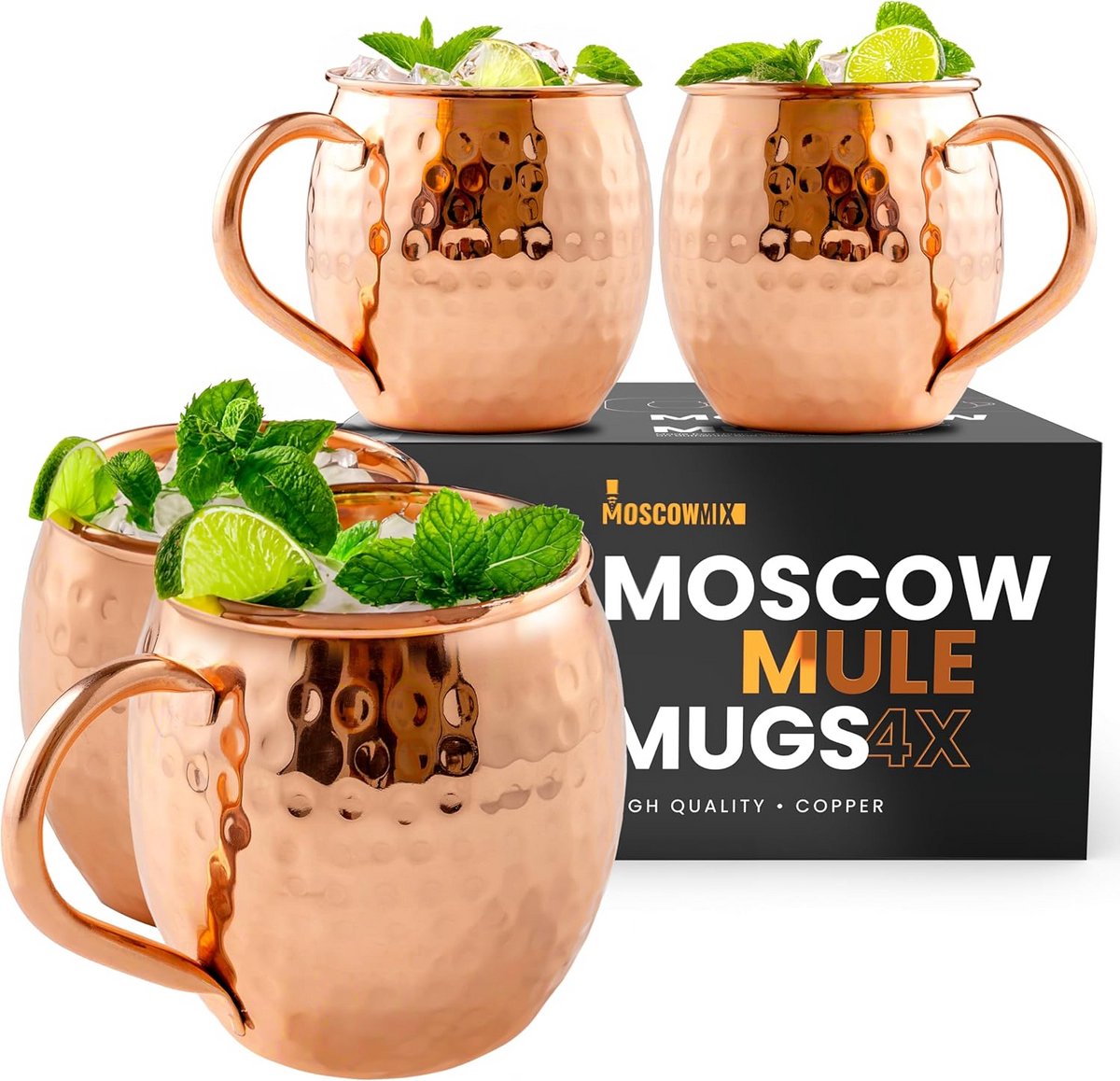 Moscow Muilezel Mokken Set van 4 - 100% Pure Koperen Mokken 16oz - Voedselveilig en Perfect als Cadeau