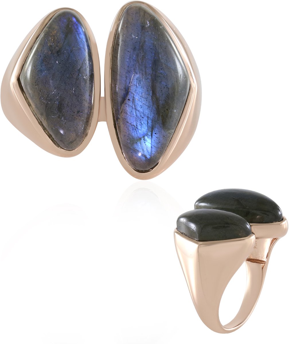Cavill - Ring 925 Sterling Zilver - Roségoud Verguld - 12,6 ct Blauwe Labradoriet Cabochon - Elegante Bezelzetting Edelsteen Ring