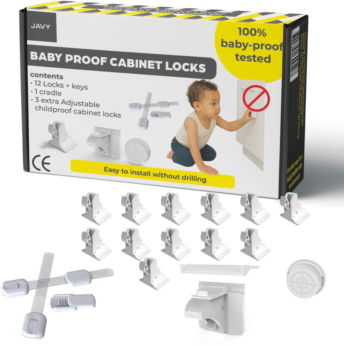 JAVY Magneet Kinderslot – 12x Kastsloten + 3 Extra Veiligheidssloten | Magnetisch Kinderslot Zonder Boren | Keukenkast, WC, Oven & Laden Beveiliging | Baby Proof Cabinet Locks Set