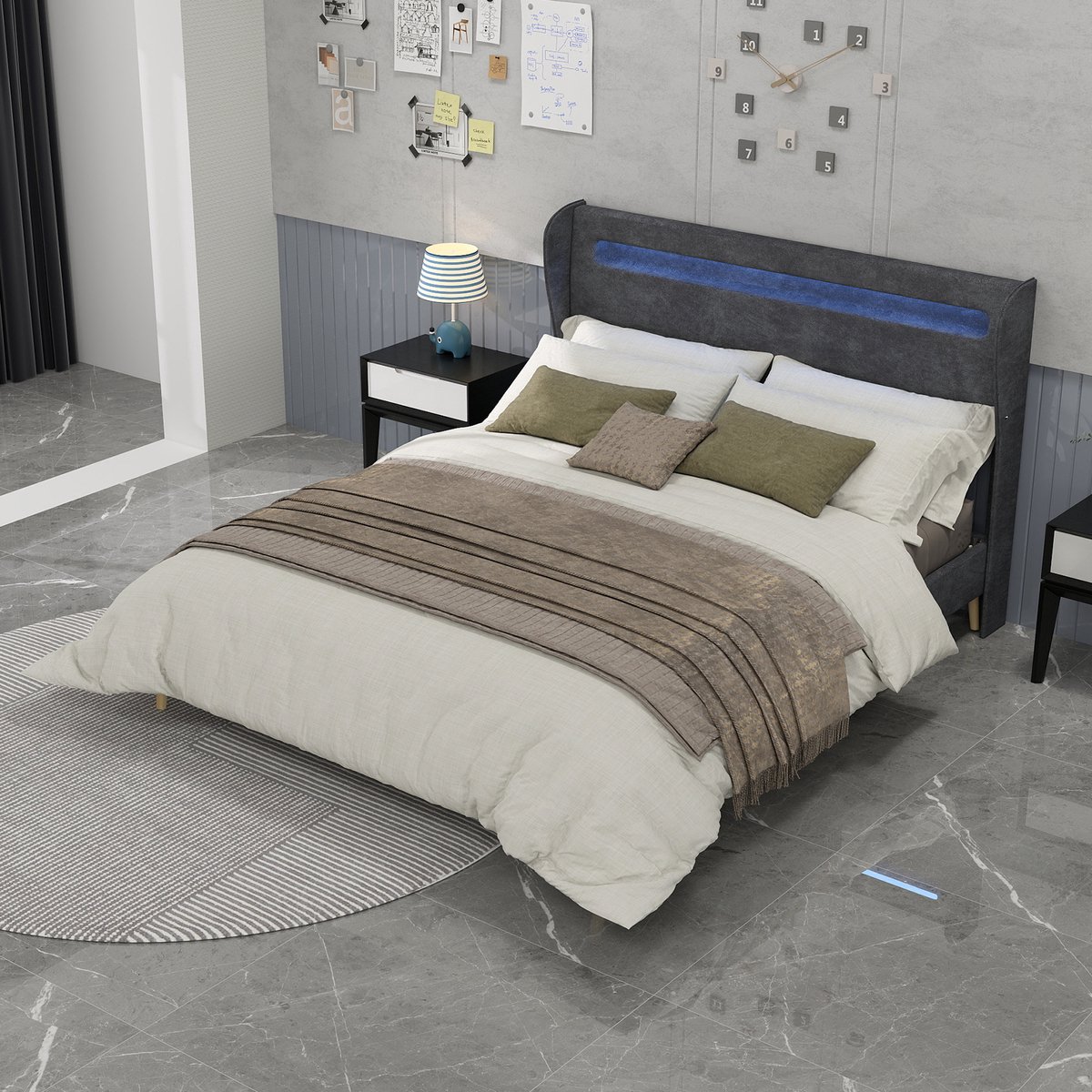 Clruro Tweepersoonsbedden - 160x200CM - Modern Minimalistisch Zacht Bed LED-Hoofdbord Lage Box - Grijs (Geen Matras)