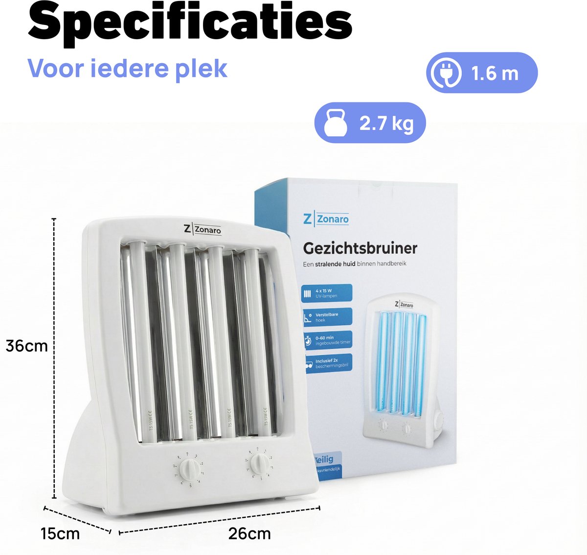 Zonaro Gezichtsbruiner – Zonnebank – Zonnehemel – Gelaatsbruiner – Solarium – Gezichtsbruiner Hals en Schouder – Inclusief 2x Zonnebank Bril – 4x 15W Lampen – Timer & Geheugenfunctie – foto 8