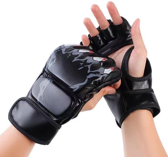 Gants de Boxe Demi-Doigts – Protection Améliorée avec Bande Poignet Réglable – Pour Sac de Frappe et Entraînement (M & L) - noir