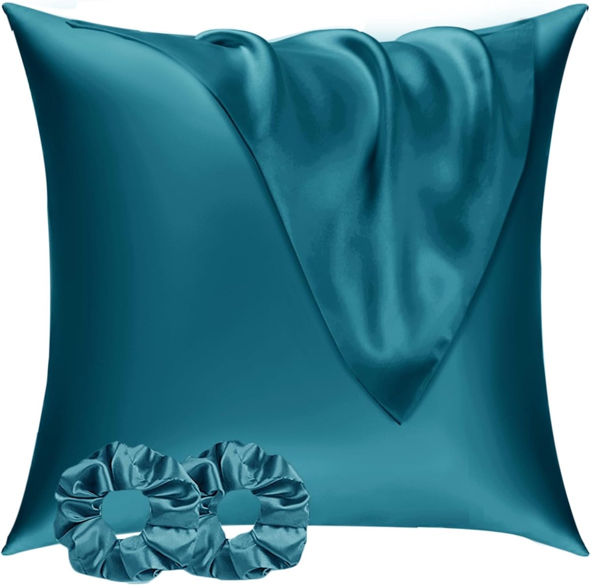 Famanu Satijnen kussenslopen 80x80 cm turkoois set 2, zijdeachtig zacht voor haar en huid, envelopsluiting met 2 haarbandjes