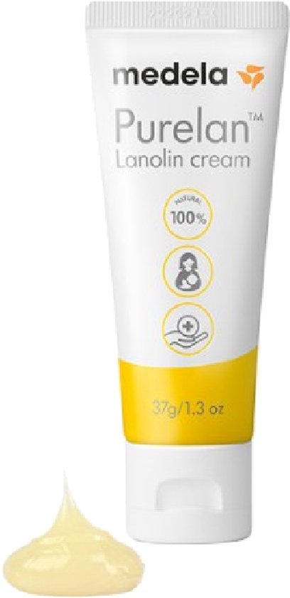 Medela Purelan lanoline crème 37g/1.3 oz tube met een druppel crème.