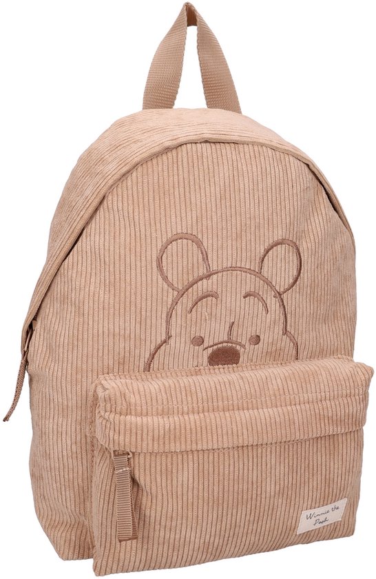 Beige corduroy rugzak met een geborduurde afbeelding van Winnie de Poeh.