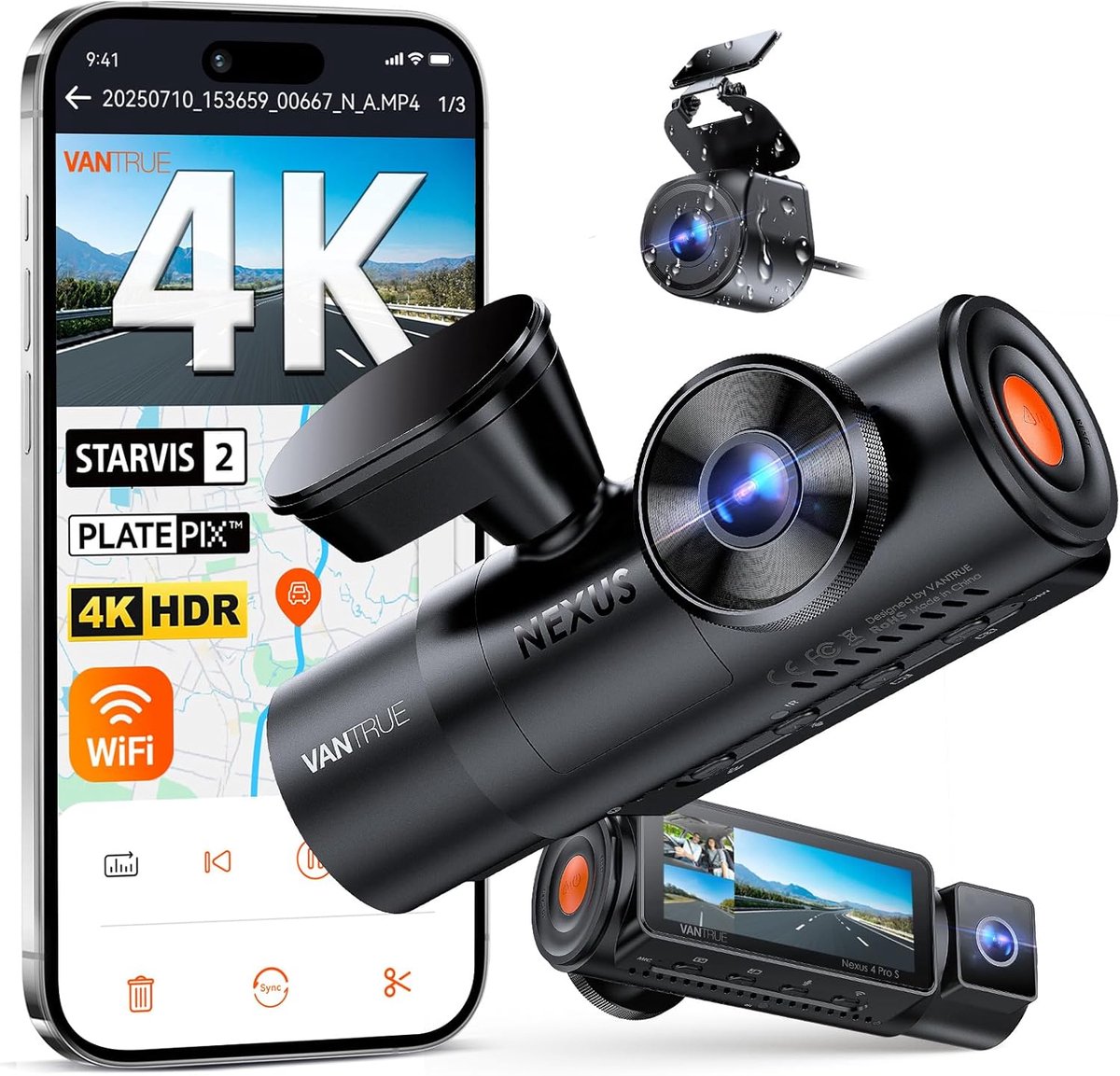 VANTRUE N4 Pro S 4K dashcam voor de auto, 3-kanaals 4K + 1080P + 1440P met GPS, parkeerbewaking 24 uur, spraakbediening, IR-nachtzicht, LTE【Gratis bij aankoop: 40mm CPL-filter*2 + VP03 Hardwire Kit + Afstandsbediening】