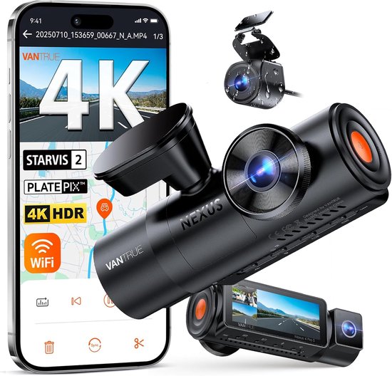 VANTRUE N4 Pro S 4K dashcam voor de auto, 3-kanaals 4K + 1080P + 1440P met GPS, parkeerbewaking 24 uur, spraakbediening, IR-nachtzicht, LTE